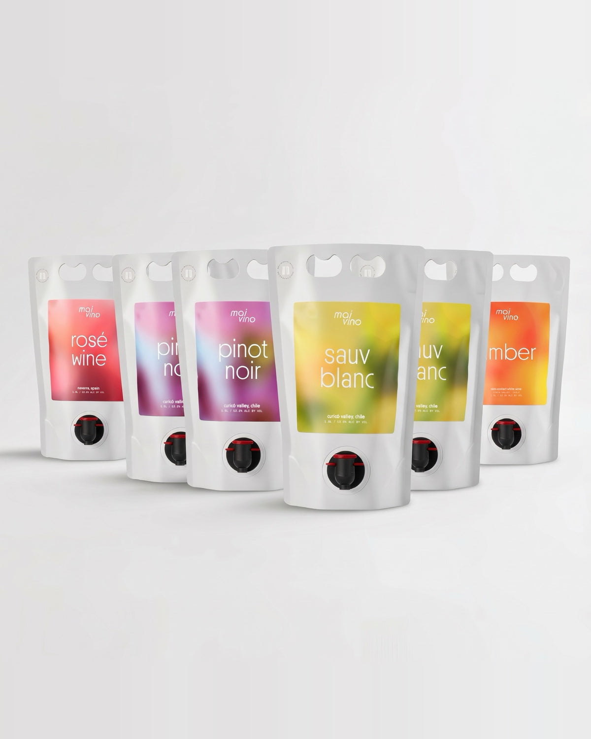 Six Mai Vino wine pouches: Rosé, Pinot Noir, Sauvignon Blanc and Amber